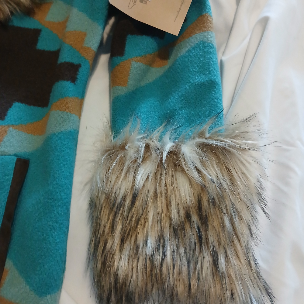 Tasha Polizzi Teal and Brown Cape with Faux Fur - Picture 4 of 7